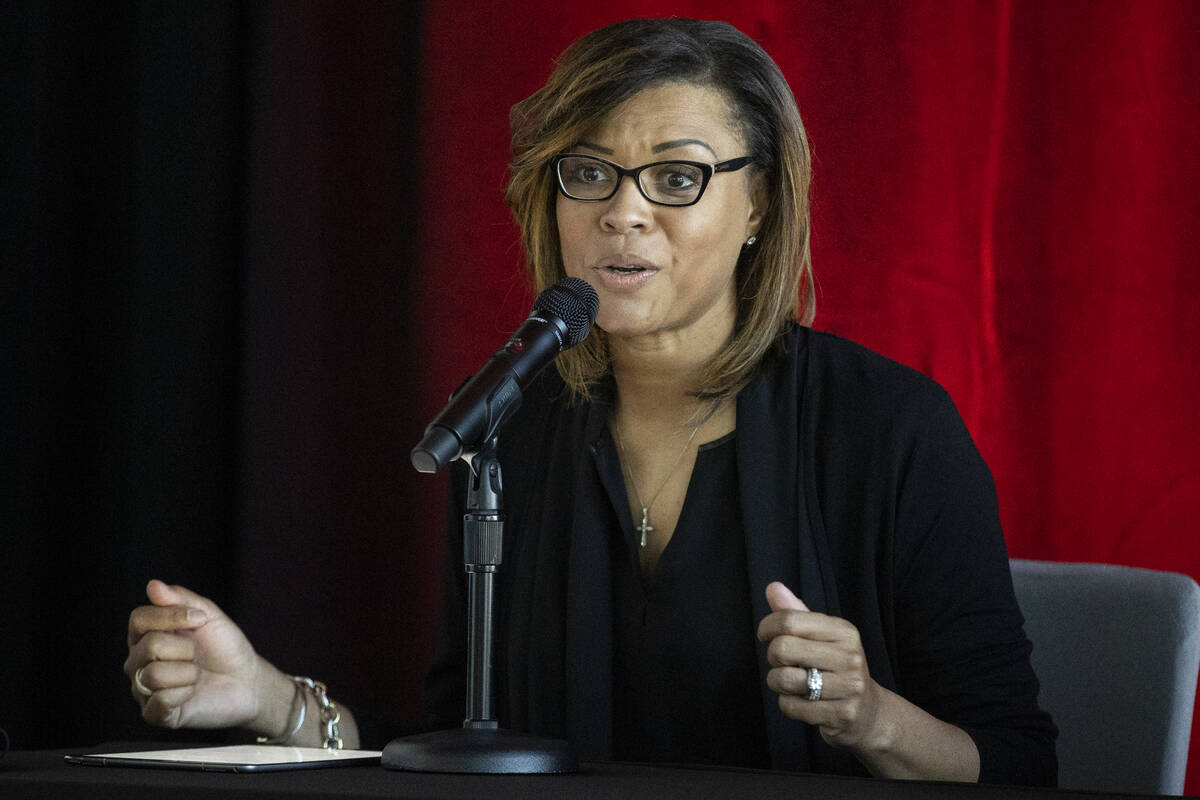 New Las Vegas Aces president Nikki Fargas speaks during a press conference announcing her new r ...
