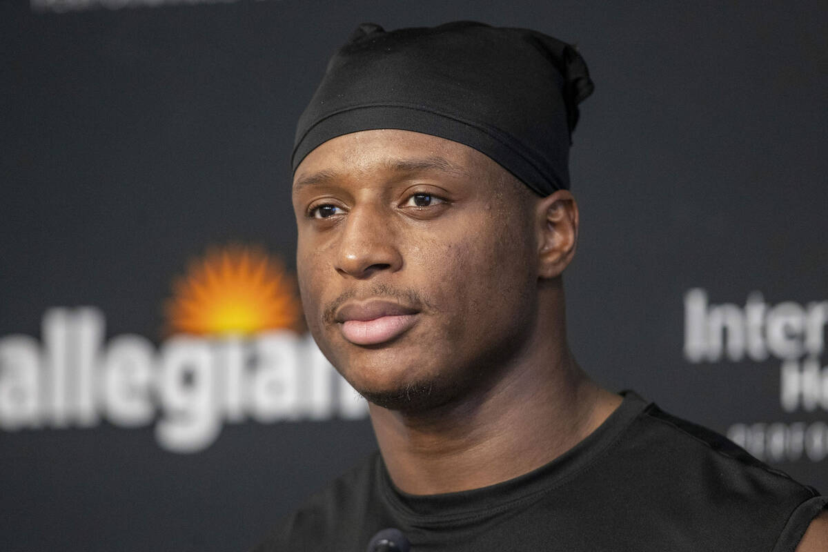 Raiders running back Kenyan Drake attends a news conference following the team’s trainin ...