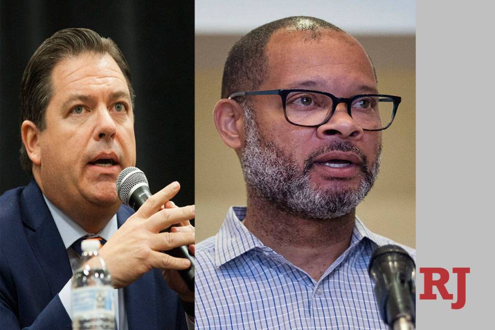 Michael Roberson, left, and Nevada Attorney General Aaron Ford. (Review-Journal file photos)