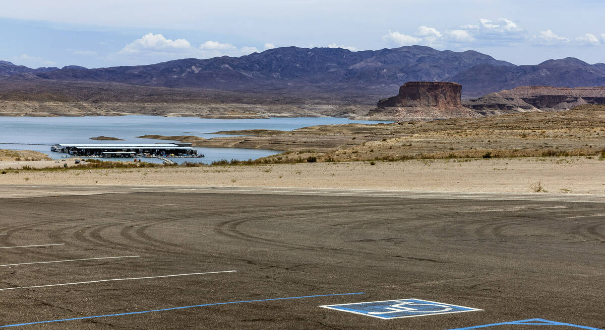 The waterline continues about the Temple Bar Boat Harbor at the Lake Mead National Recreation A ...