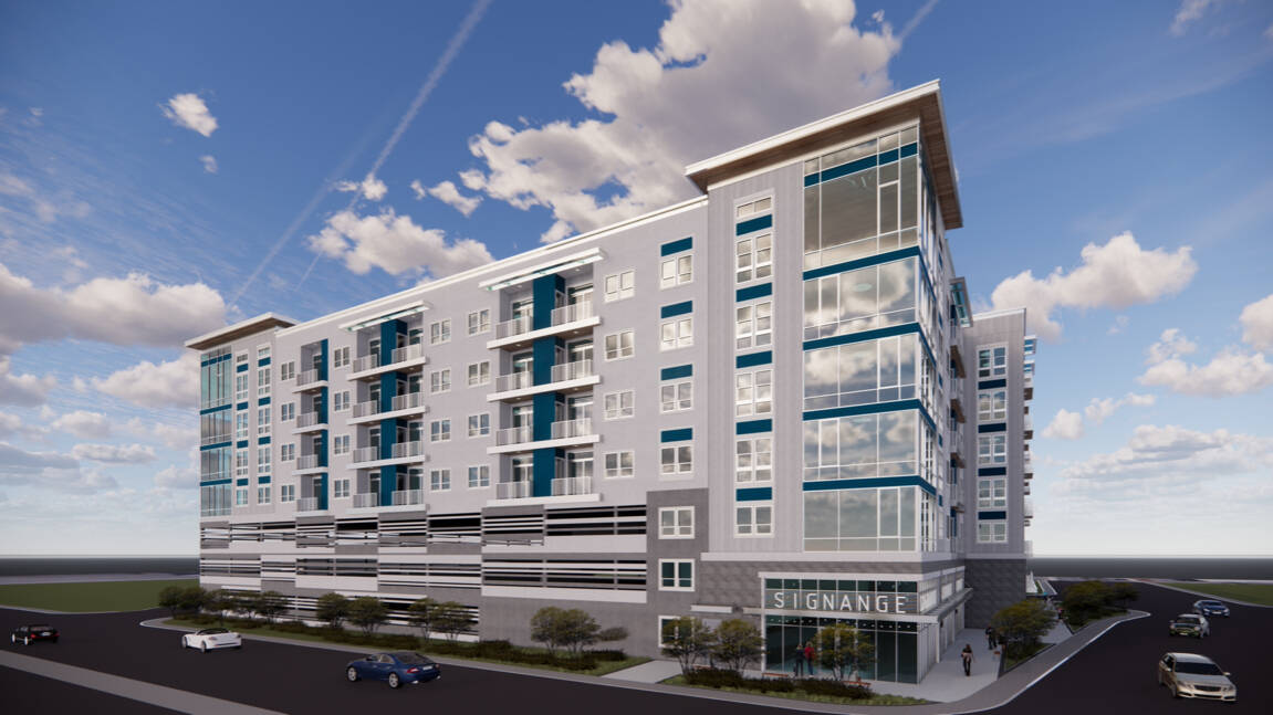 An artist's rendering of developer Jonathan Fore's seven-story apartment complex on Harmon Aven ...