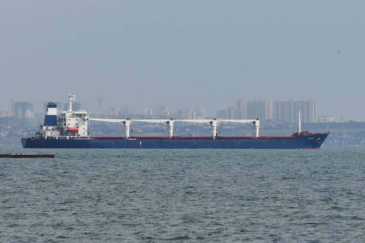The bulk carrier Razoni starts its way from the port in Odesa, Ukraine, Monday, Aug. 1, 2022. A ...