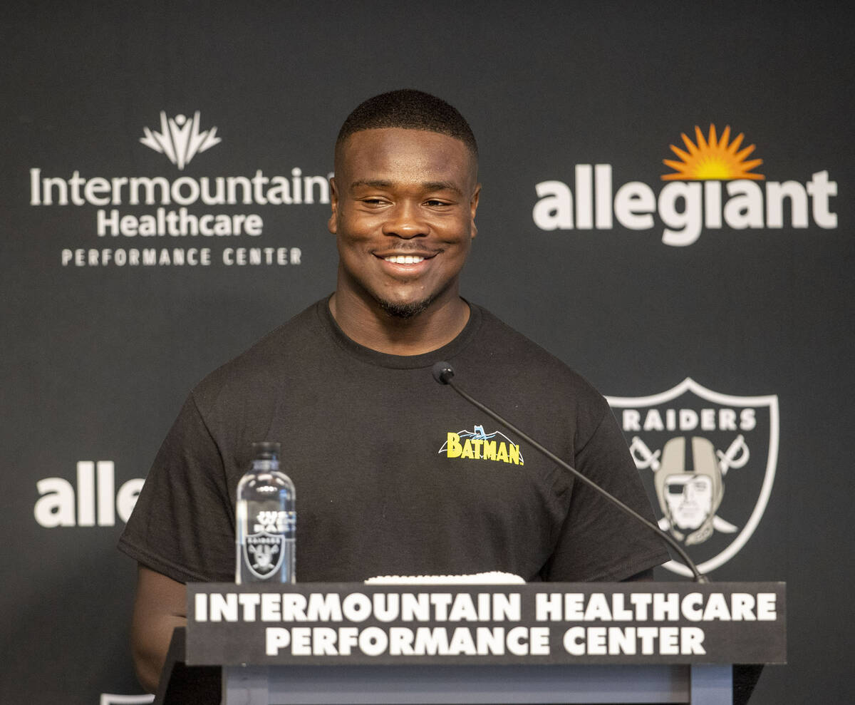 Raiders linebacker Jayon Brown takes questions at a news conference after the team’s tra ...