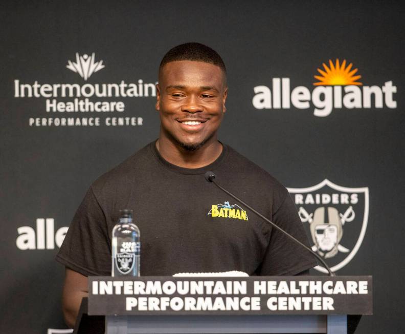 Raiders linebacker Jayon Brown takes questions at a news conference after the team’s tra ...