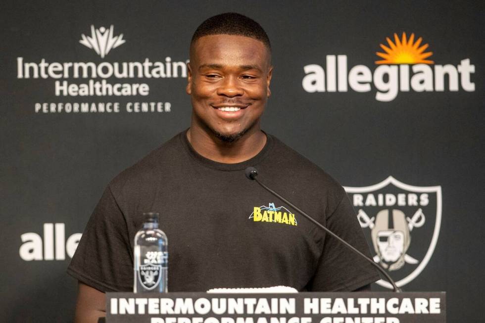 Raiders linebacker Jayon Brown takes questions at a news conference after the team’s tra ...