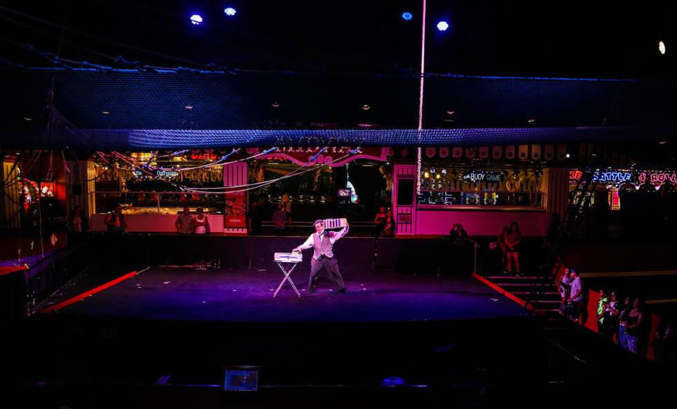 Rocco the Clown performs at the Midway at Circus Circus in Las Vegas, Thursday, Aug. 4, 2022. ( ...