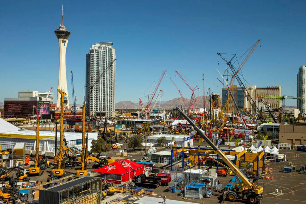 Numerous construction cranes are in place for the upcoming CONEXPO-CON/AGG at the Las Vegas Fes ...