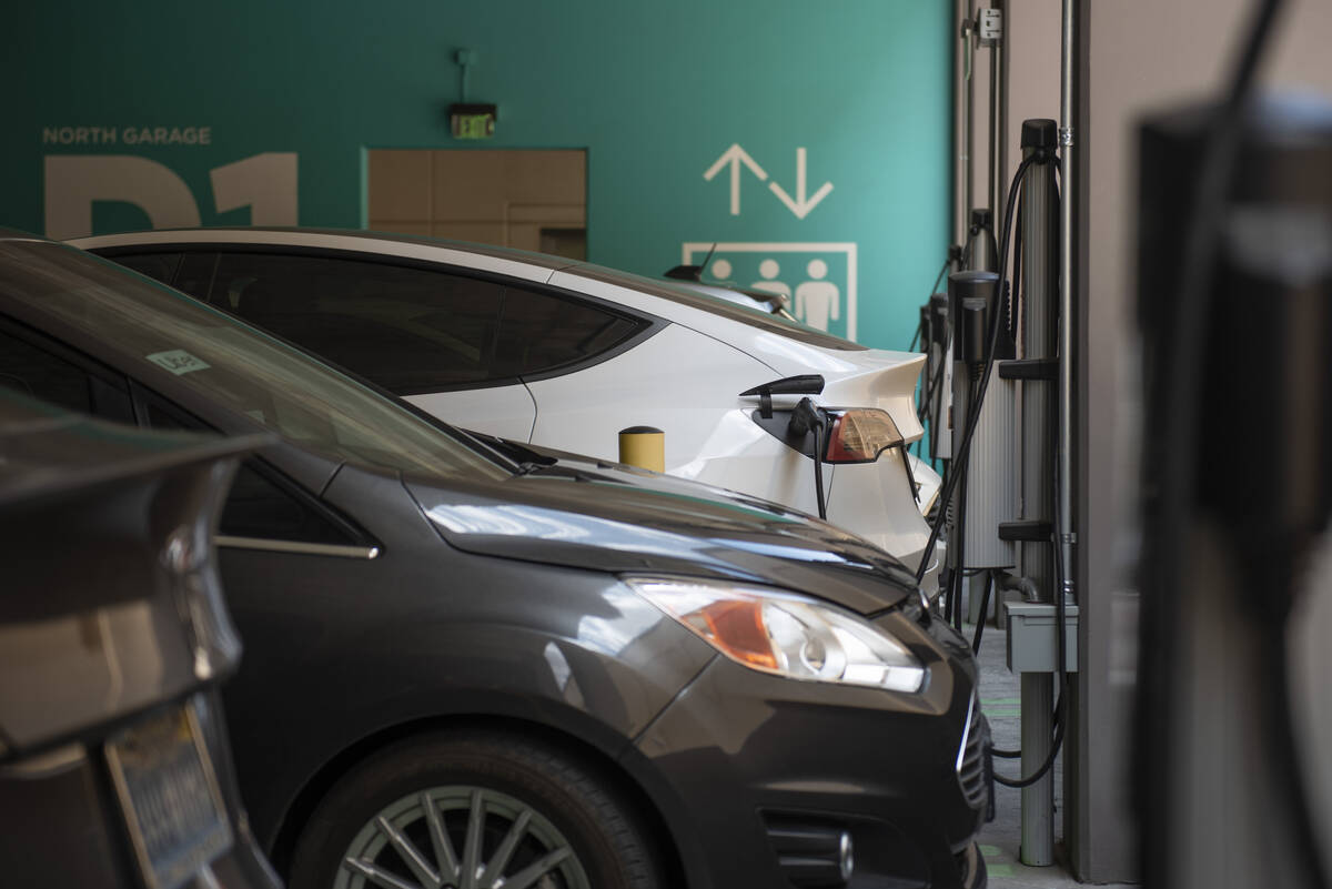 Electric vehicle chargers in Downtown Summerlin on Tuesday, Aug. 2, 2022, in Las Vegas. (Steel ...
