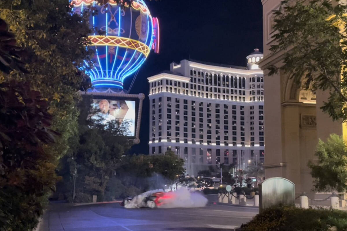 A screen grab of video of stunt driver Ken Block filming an Audi commercial on the Las Vegas St ...
