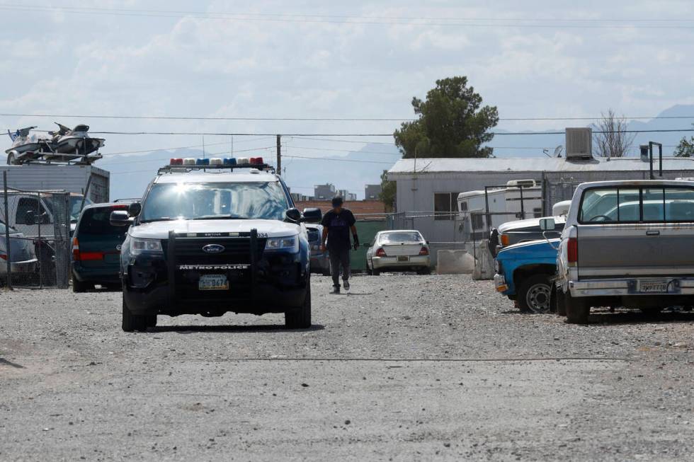 A Las Vegas police car leaves the 3000 block of Betty Lane, Tuesday, Aug. 2, 2022, in Las Vegas ...