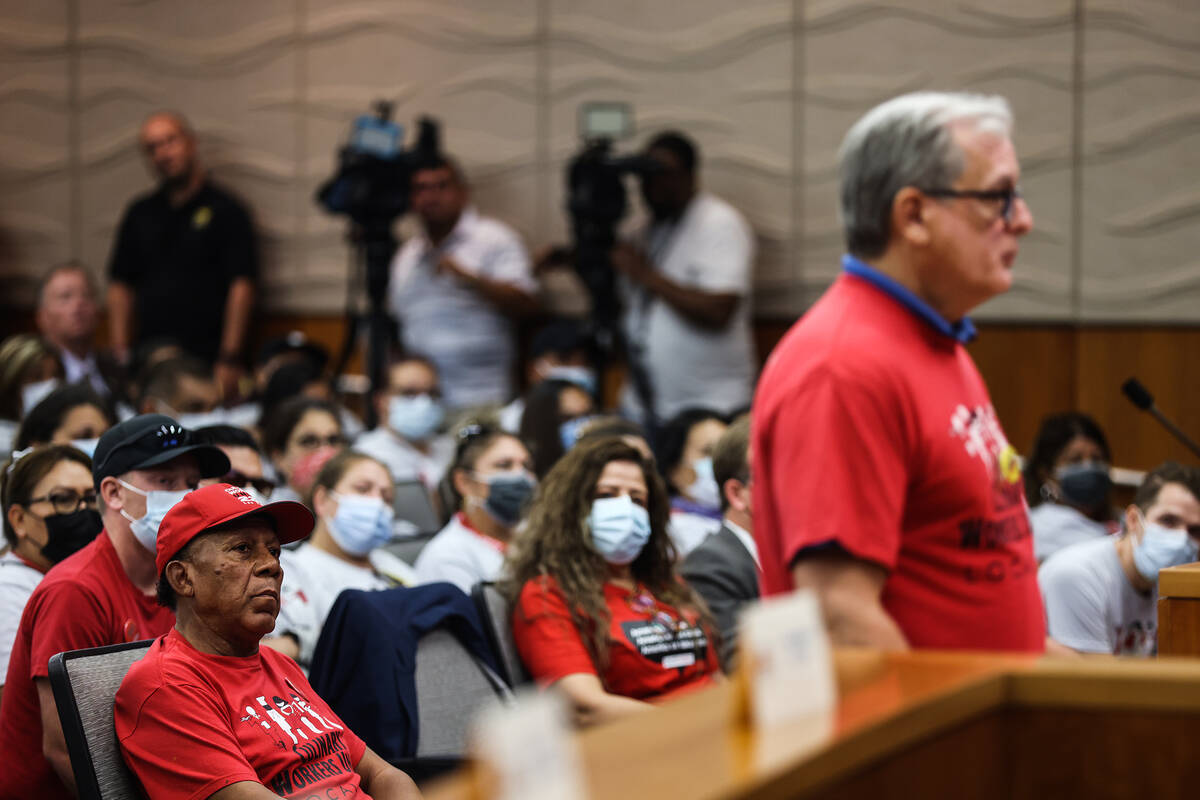 Ted Pappageorge, secretary-treasurer for the Culinary Union, addresses the city council as Culi ...