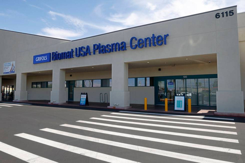 Grifols Biomat USA Plasma Center is seen on Tropicana Avenue, Wednesday, Aug. 3, 2022, in Las V ...