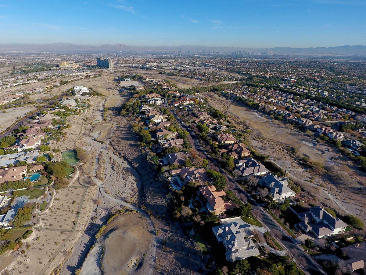 An aerial view of the Badlands golf course in the Queensridge housing development on Wednesday, ...