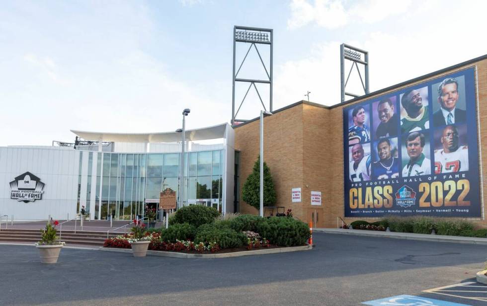 The outside of the front entrance to the Pro Football Hall of Fame is seen on Wednesday, Aug. 3 ...