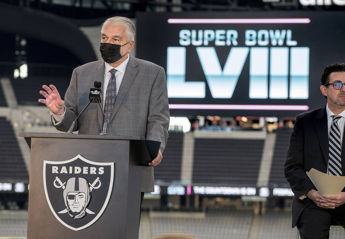 Nevada Governor Steve Sisolak speaks during the NFL Super Bowl LVIII press conference event at ...