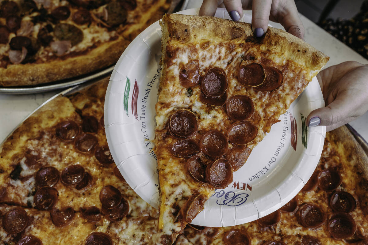 A slice of pepperoni pizza from Bonanno's New York Pizzeria, which has nine locations in Las Ve ...