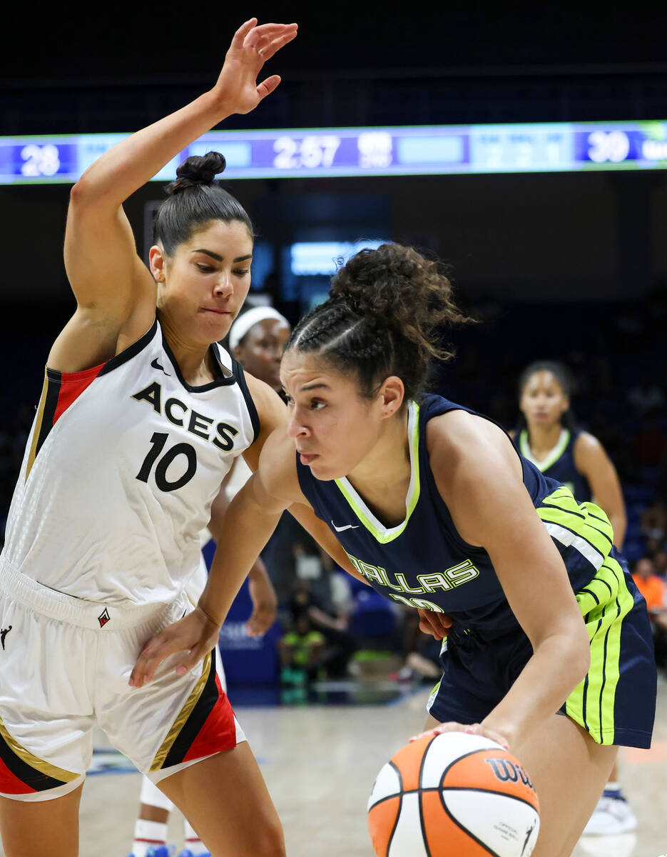 Las Vegas Aces guard Kelsey Plum (10) defends against Dallas Wings guard Veronica Burton (12) d ...