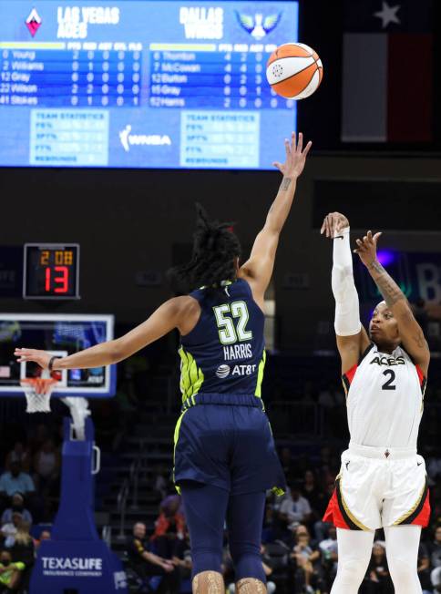 Las Vegas Aces guard Riquna Williams (2) shoots a 3-pointer as Dallas Wings guard Tyasha Harris ...