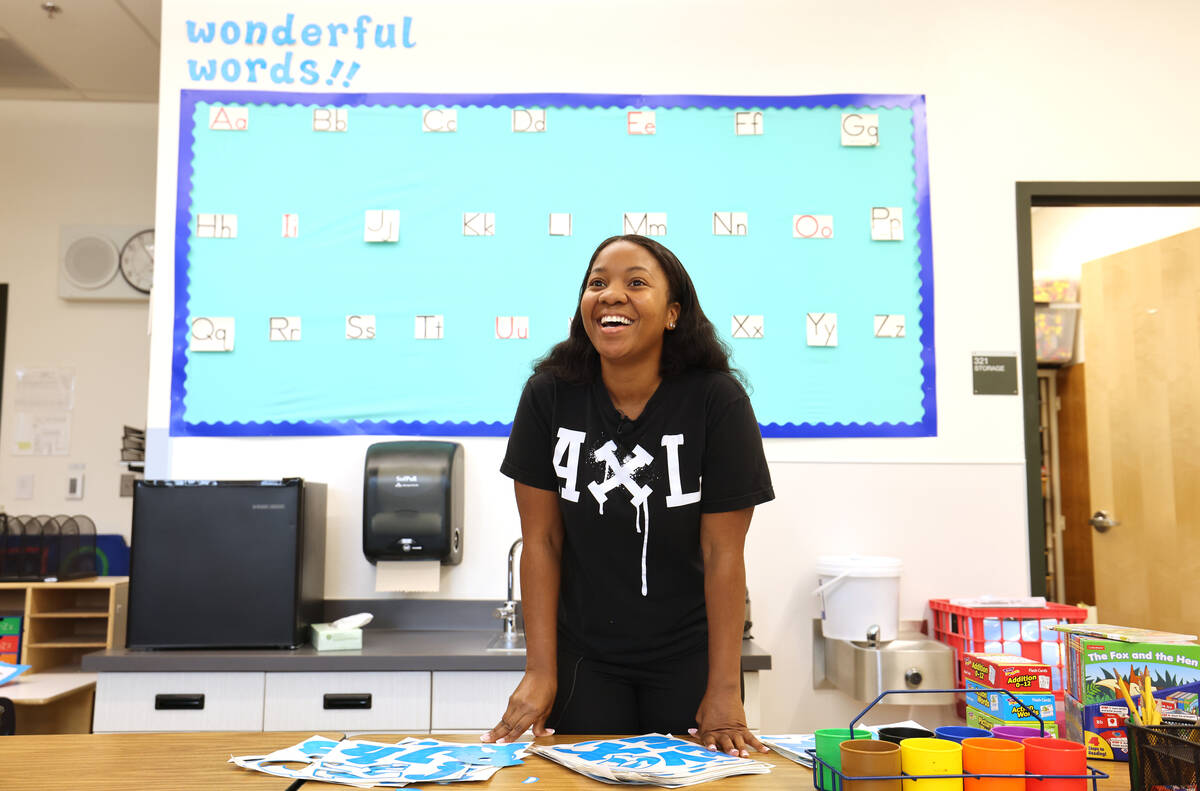 Kindergarten teacher Nyjaa Peterson sets up her classroom at Bell Elementary School in Las Vega ...