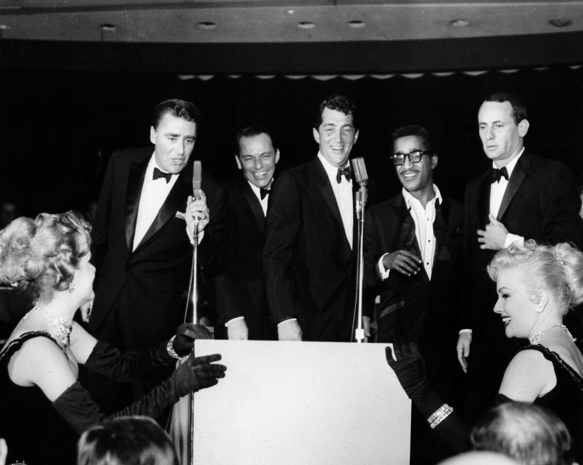 The Rat Pack, from left are Peter Lawford, Frank Sinatra, Dean Martin, Sammy Davis Jr., and Joe ...