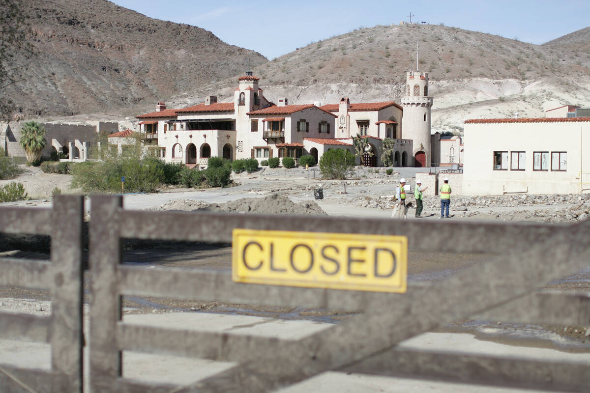 Journalists are taken on a tour of the flood damage at Scotty's Castle in Death Valley National ...