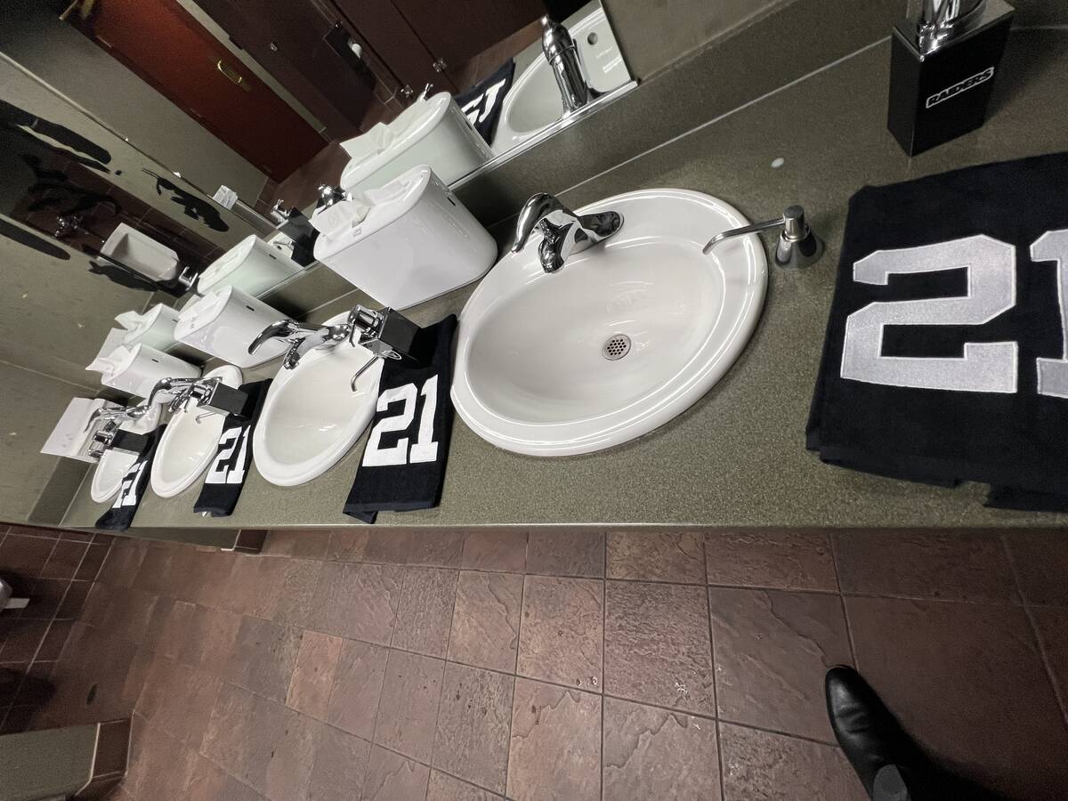 The men's restroom with No. 21 hand towels is shown at the Raiders' party honoring Cliff Branch ...