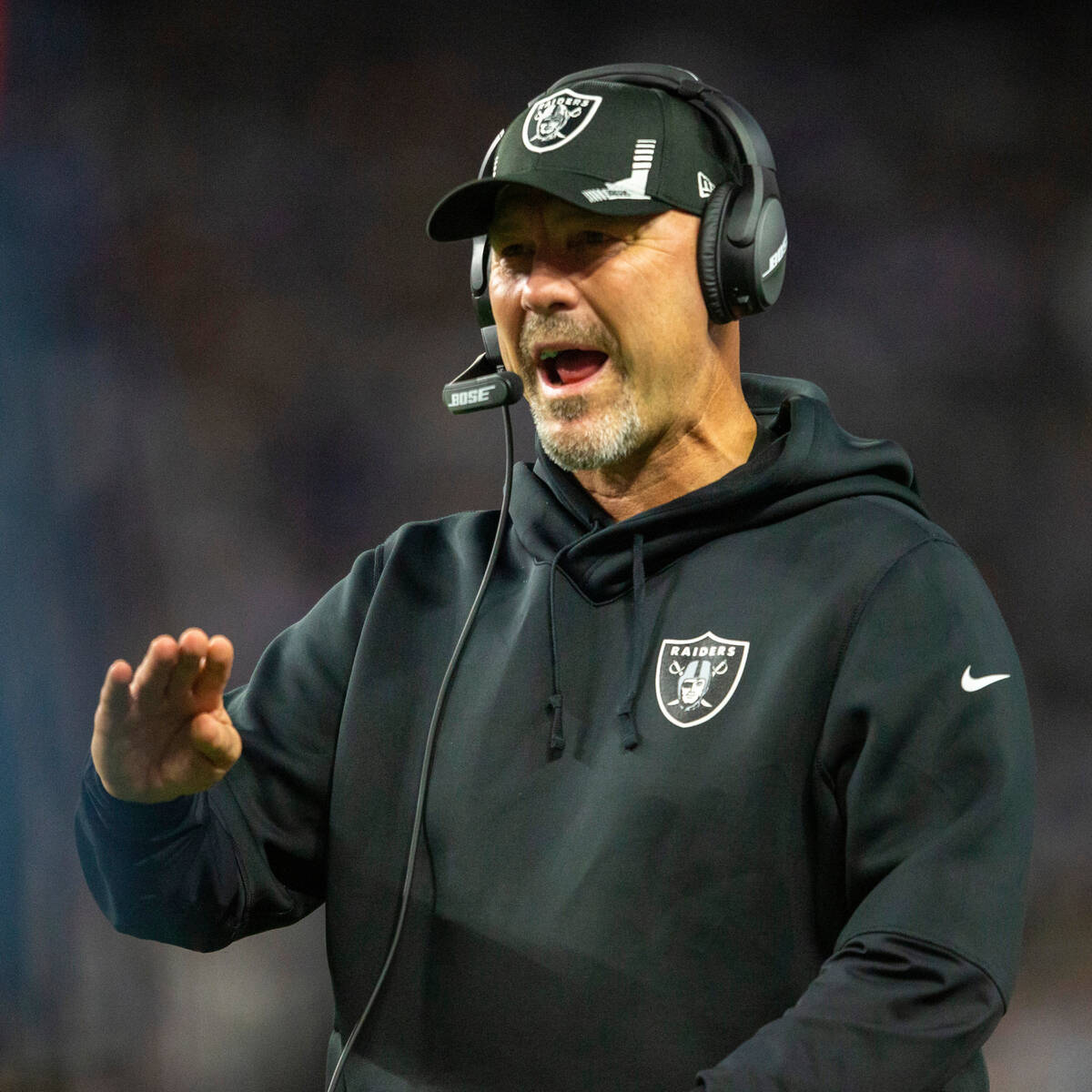 Raiders defensive coordinator Gus Bradley shouts from the sideline during the first half of an ...
