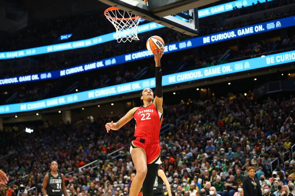 A'ja Wilson #22 of the Las Vegas Aces shoots the ball during the game against the Seattle Storm ...
