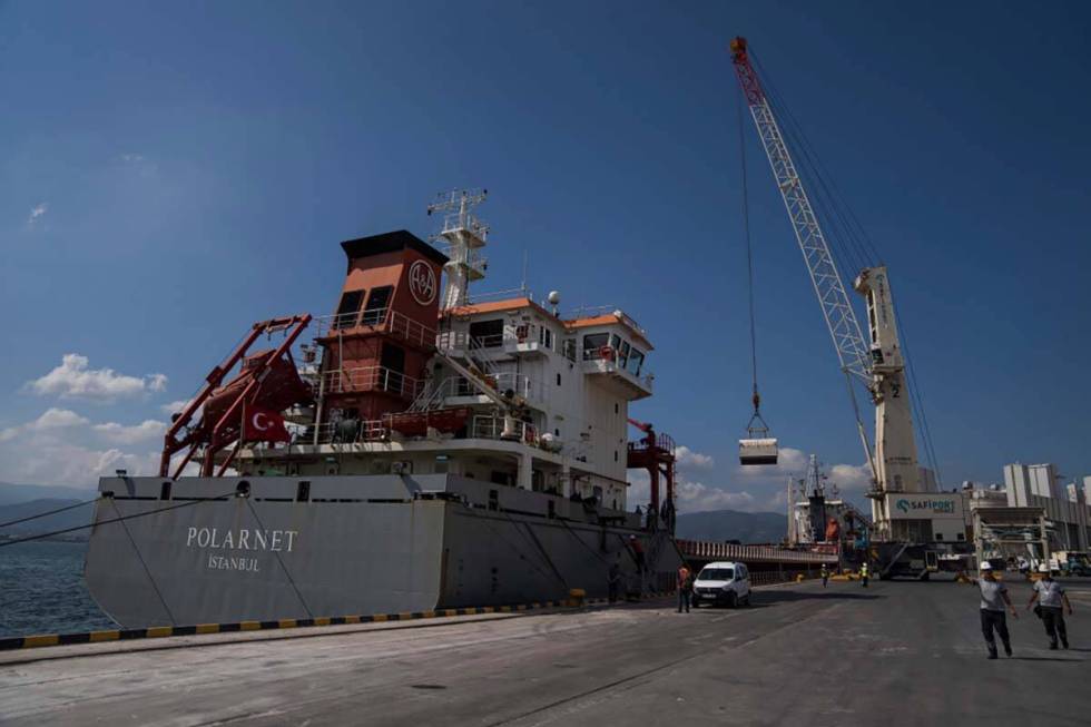 The cargo ship Polarnet arrives to Derince port in the Gulf of Izmit, Turkey, Monday Aug. 8, 20 ...