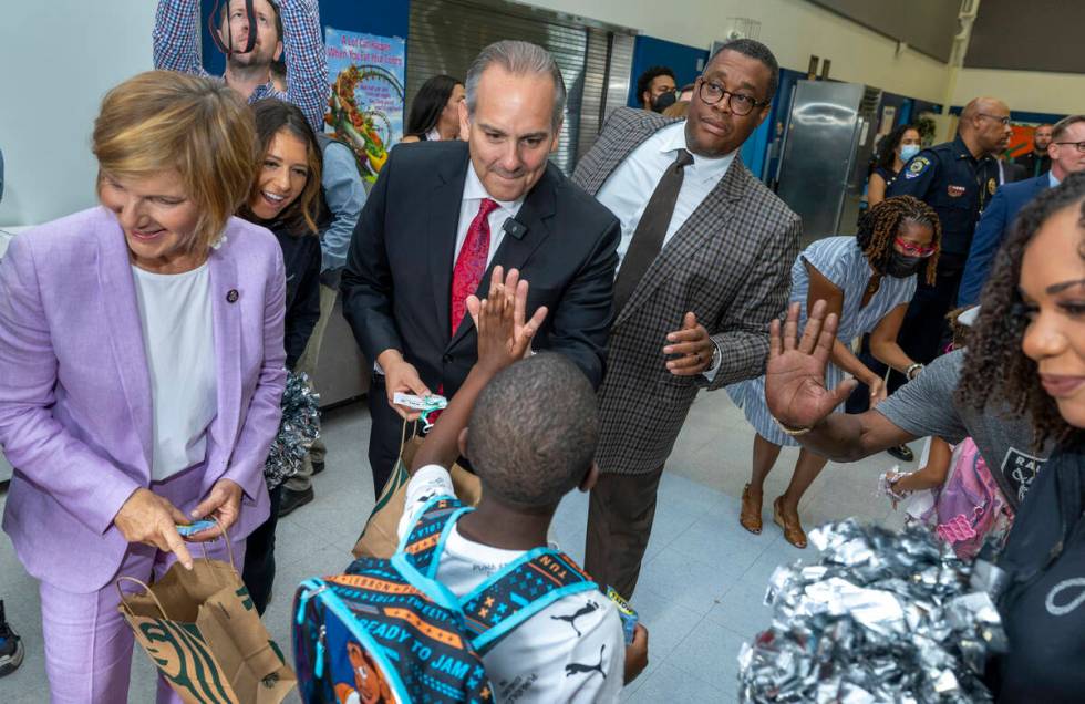 (From left) Rep. Susie Lee, CCSD Superintendent Jesus Jara and Councilman Cedric Crear join oth ...