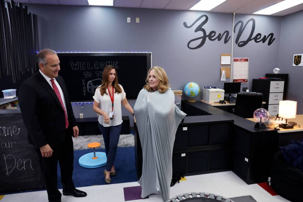 Clark County School District Superintendent Jesus Jara checks out Principal Amy Manning in a hu ...