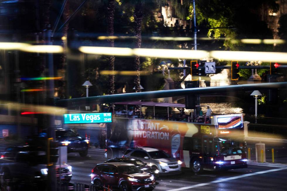 Traffic travels southbound on Las Vegas Boulevard on the Las Vegas Strip, Tuesday, Aug. 2, 2022 ...