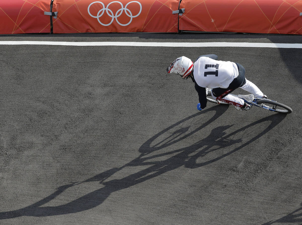 United States' Connor Fields competes in a BMX cycling men's quarterfinal run during the 2012 S ...
