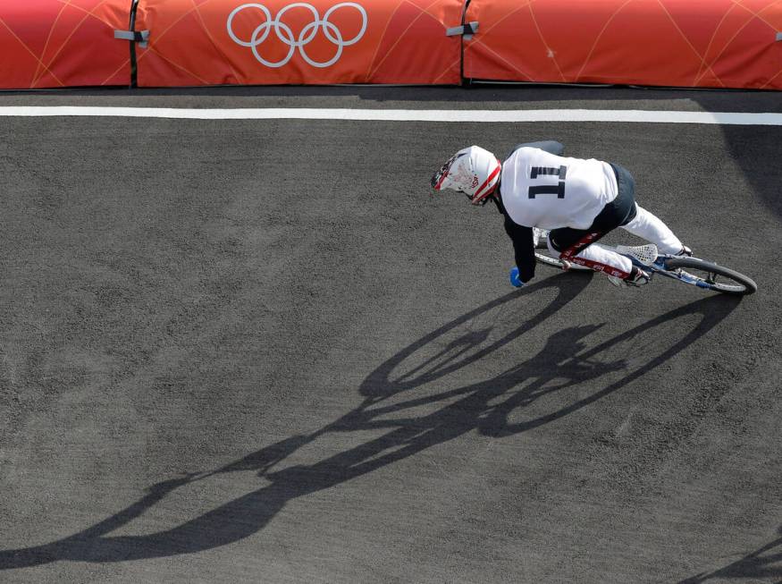 United States' Connor Fields competes in a BMX cycling men's quarterfinal run during the 2012 S ...