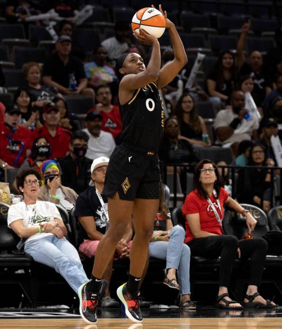 Las Vegas Aces guard Jackie Young (0) shoots against the Atlanta Dream during the first half of ...