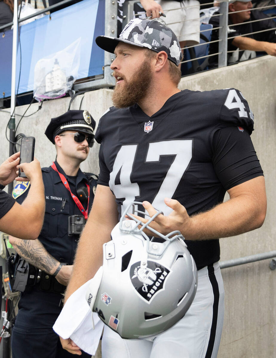 Raiders long snapper Trent Sieg (47) comes out for warm ups before the NFL Hall of Fame game ag ...