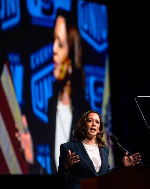 Vice President Kamala Harris speaks at a United Steelworkers convention at the MGM Grand Conven ...