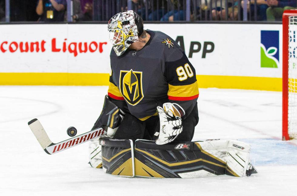 Golden Knights goaltender Robin Lehner (90) makes a save in the second period during an NHL hoc ...