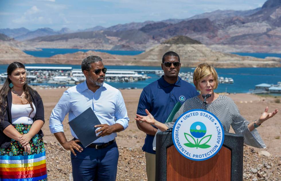 (From right) Congresswoman Susie Lee speaks while joined by EPA Administrator Michael S. Regan, ...