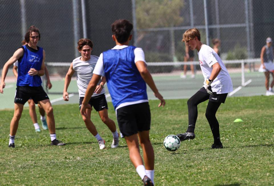 Palo Verde goalie Henri Kettner kicks the ball during soccer practice at the school on Monday, ...