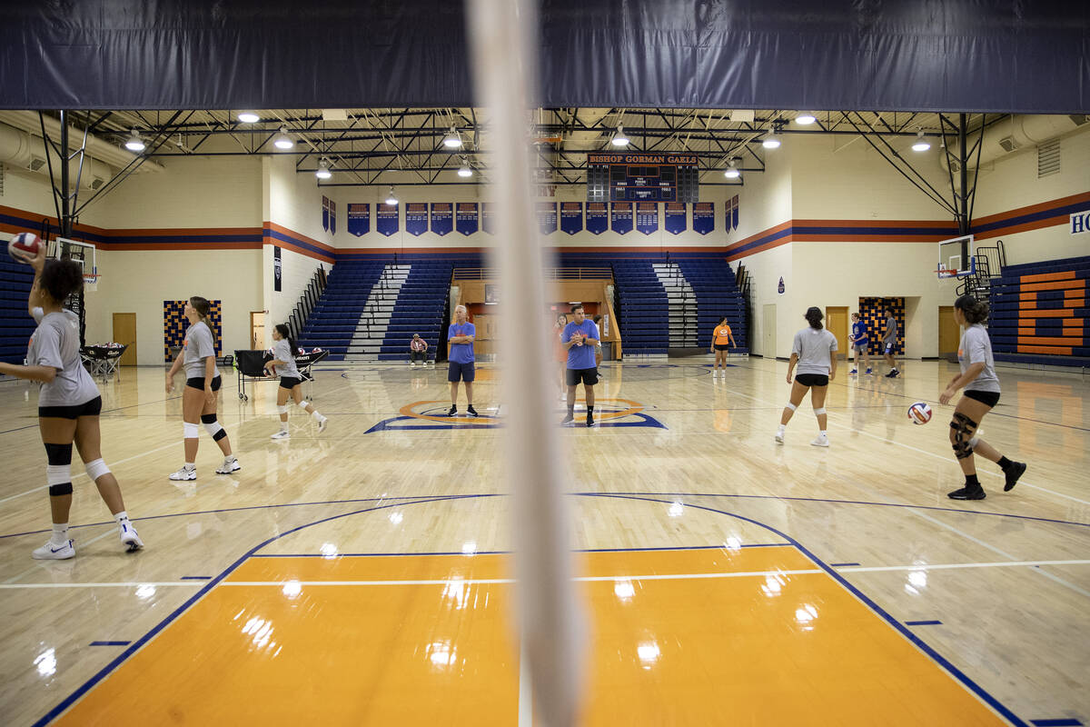 The Gaels warm up during a girls high school volleyball practice at Bishop Gorman High School o ...