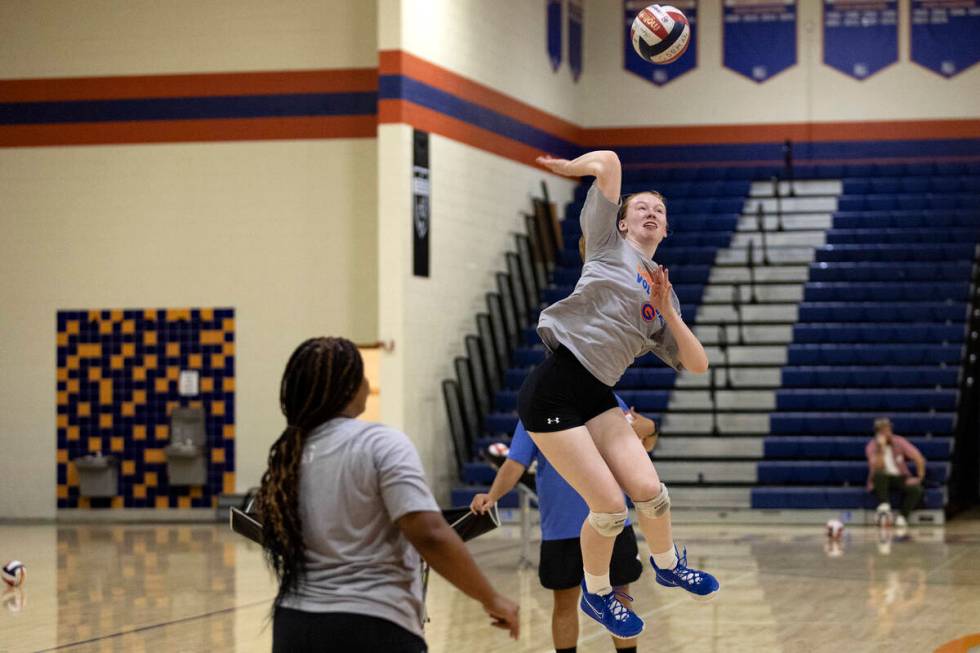 Bishop Gorman's Ashley Duckworth spikes during a girls high school volleyball practice at Bisho ...