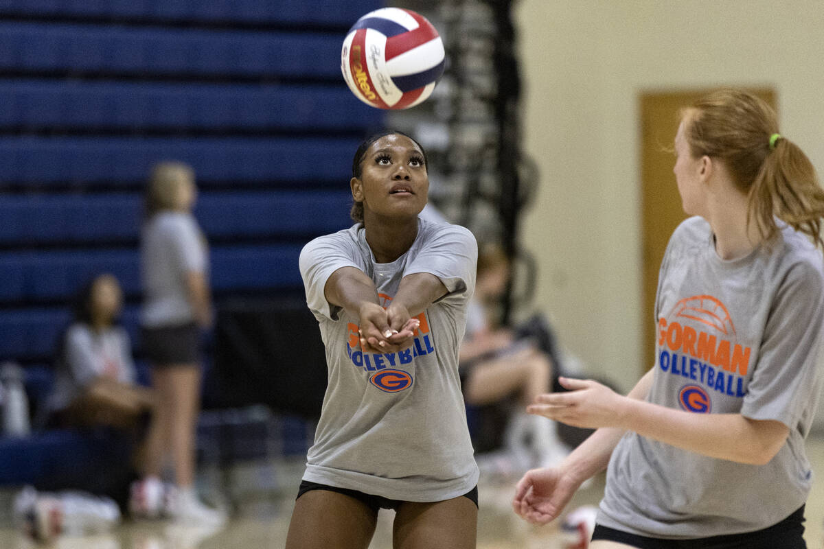 Bishop Gorman’s Carsyn Stansberry bumps the ball during a girls high school volleyball p ...