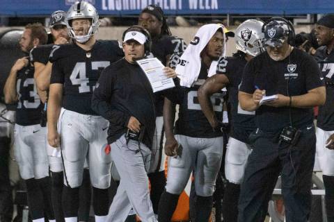 Raiders head coach Josh McDaniels walks the sideline during the first half of the NFL Hall of F ...