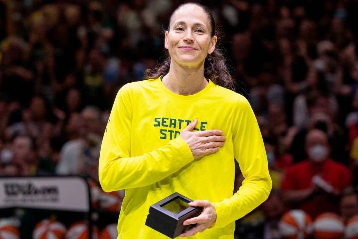 Seattle Storm's Sue Bird becomes emotional as the Climate Pledge Arena crowd gives her an ovati ...