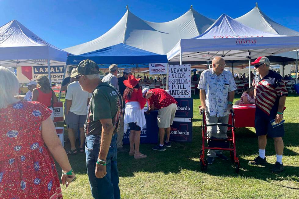 Republican supporters gather at the seventh annual Basque Fry at the Corley Ranch on Saturday, ...