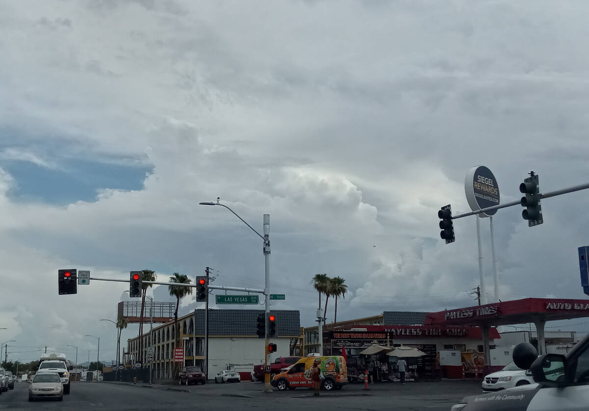 Clouds move over downtown Las Vegas on Sunday, Aug. 14, 2022. (Marvin Clemons/Las Vegas Review- ...
