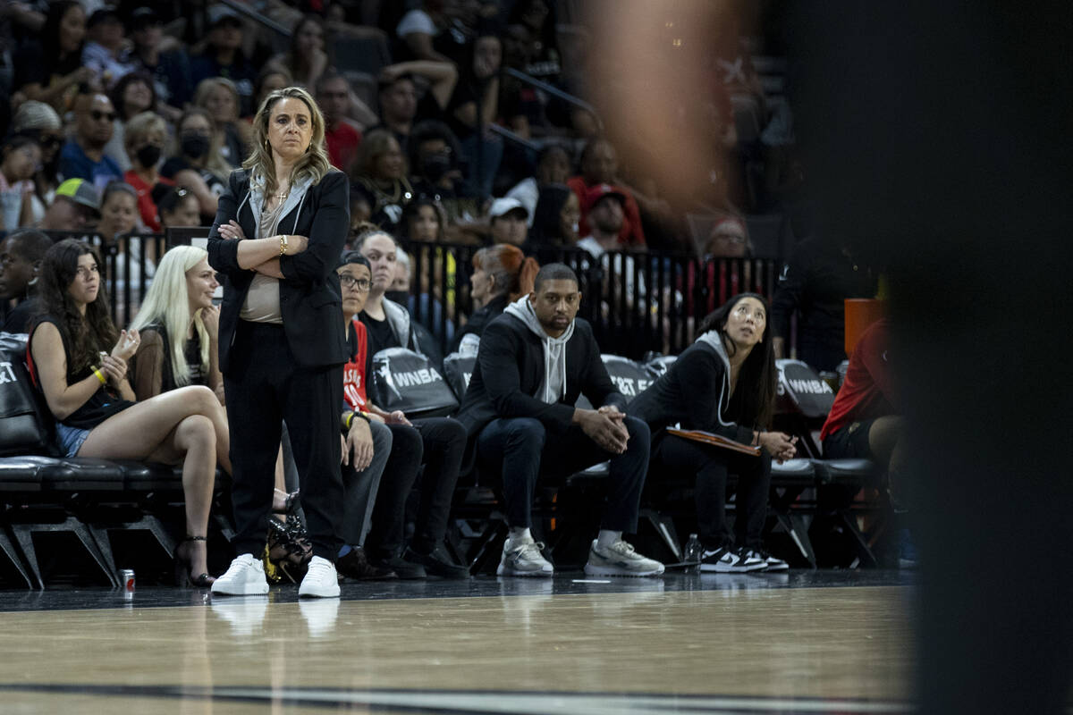 The Las Vegas Aces head coach Becky Hammon watches from the sideline during the last regular se ...