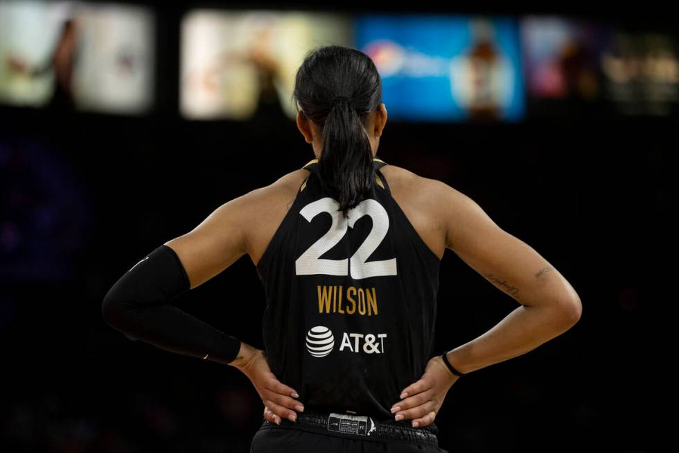 A'ja Wilson (22) takes a breath as Las Vegas Aces face the Seattle Storm in the last regular se ...