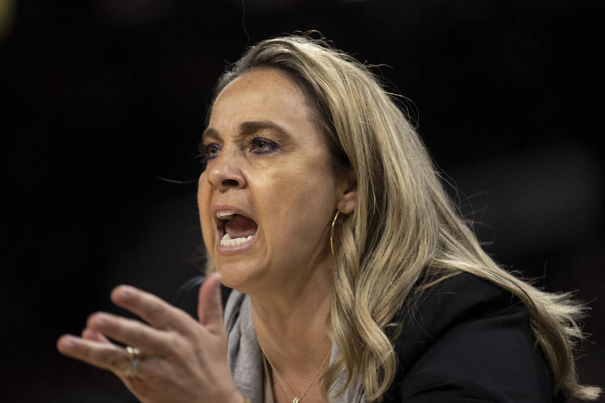 The Las Vegas Aces head coach Becky Hammon yells from the sideline during the last regular seas ...